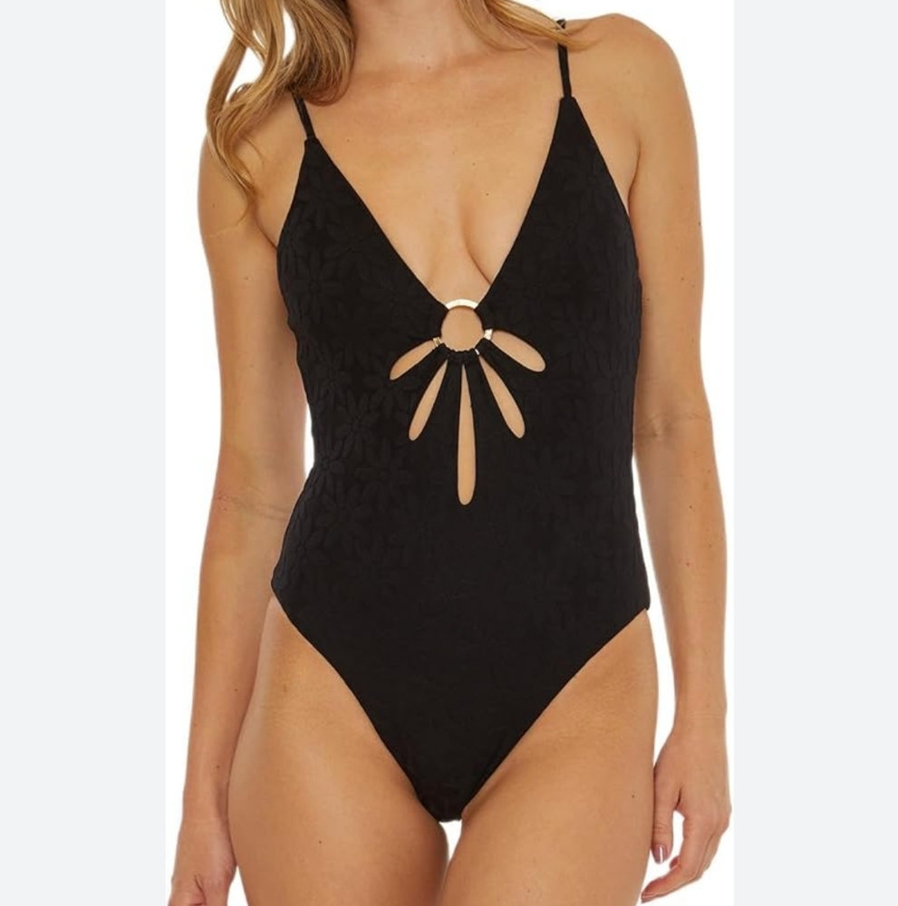 NWOT Trina Turk Joplin Jacquard Cutout One Piece Swimsuit Navy Blue 10